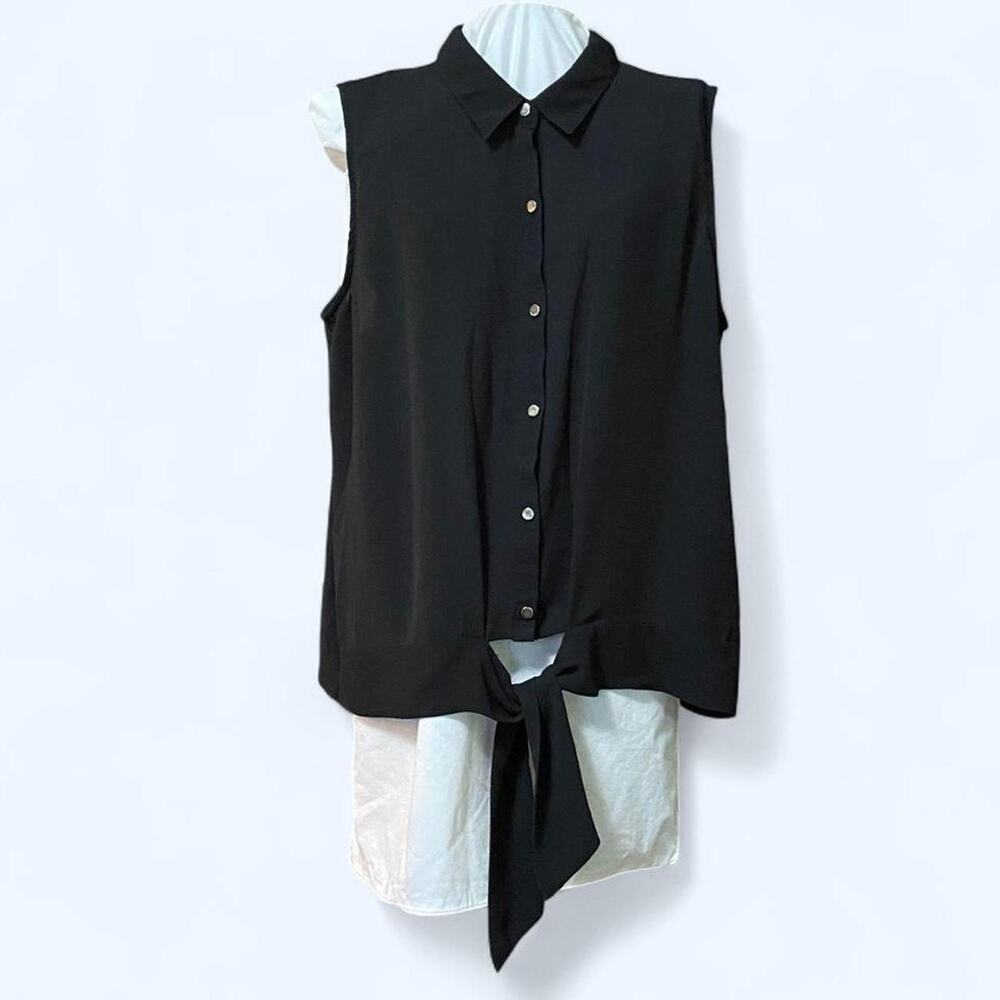 NY Collection Black Sleeveless Tie Waist Collared Blouse